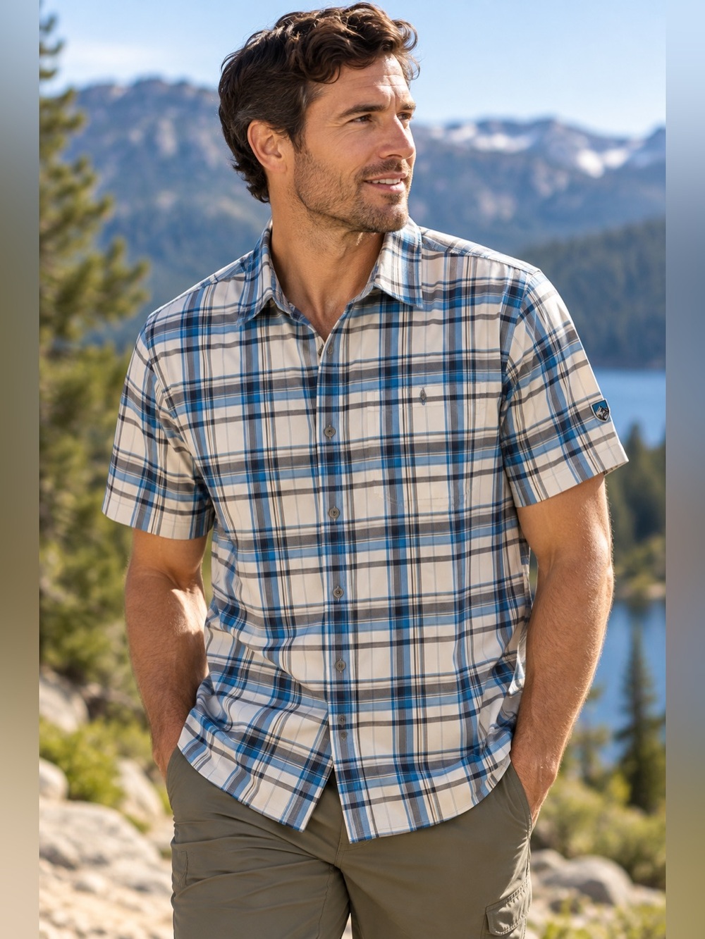 KÜHL Men’s Plaid Short Sleeve Shirt Medium Blue Gray Hiking Outdoor